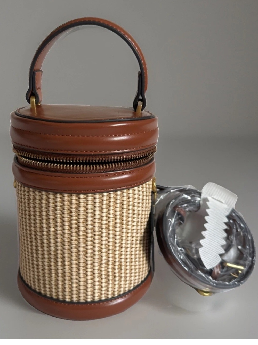 House of Harlow 1960 Crossbody Beige and Brown Woven Cylinder Bag